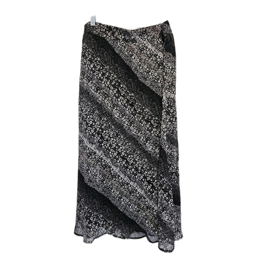 Christopher & Banks Womens L Black Gray Floral Chiffon Midi Skirt Elastic Waist
